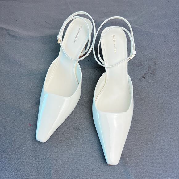 Reformation Natasha White Patent Slingback Pumps Sz 8 - Picture 1 of 5